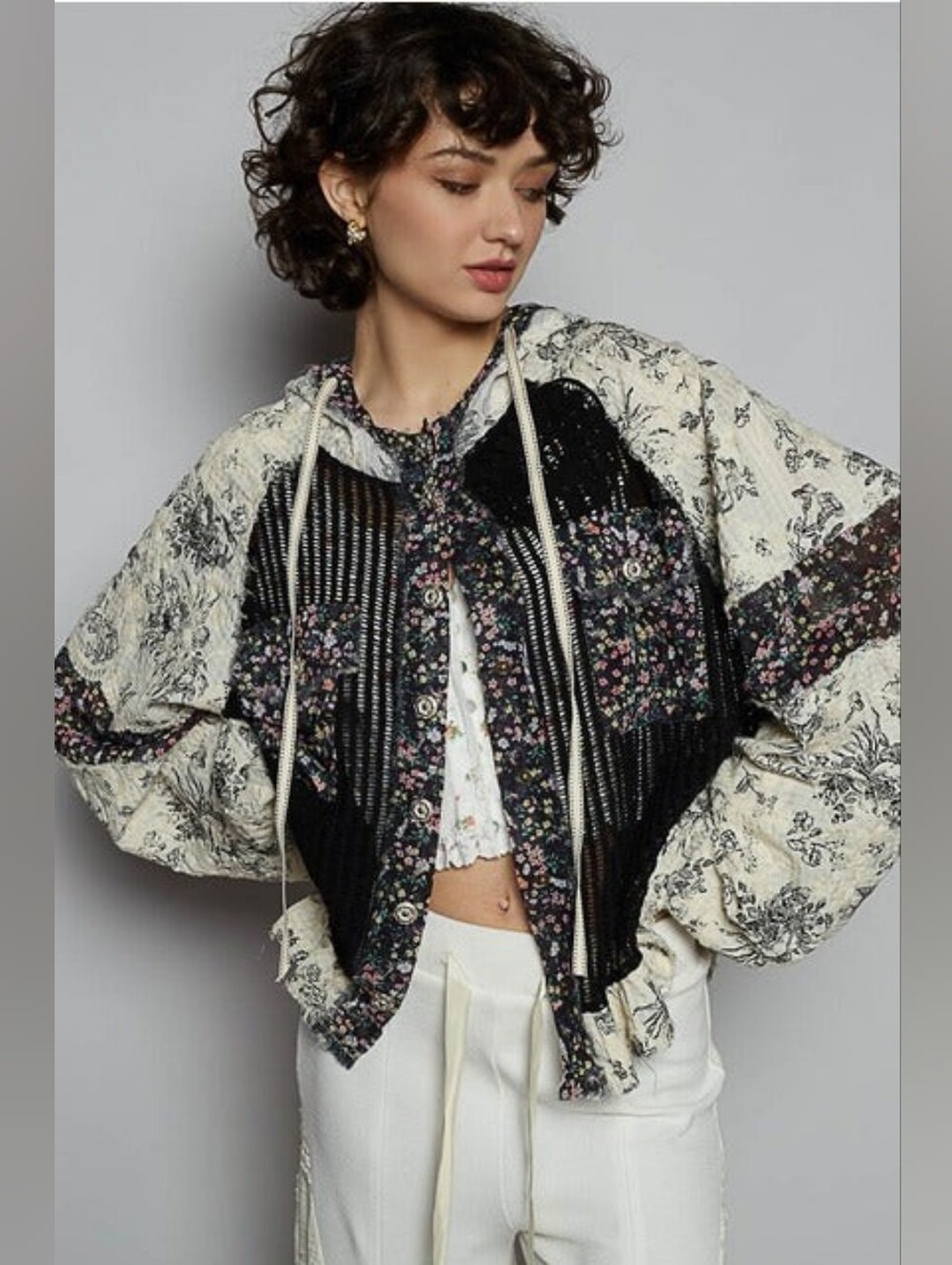 POL Mixed Floral Crochet Patchwork Hooded Jacket Size M Boho